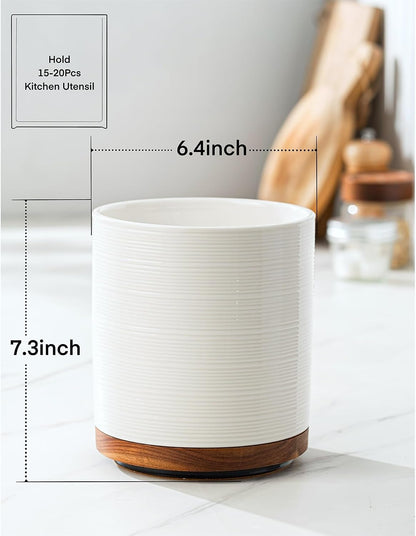 Utensil Holder, 360° Rotating Extra Large Ceramic Kitchen Utensil Holder for Countertop, 7.3“ Cooking Utensil Crocks for Kitchen Counter with Rotatable Wooden Base, Farmhouse Decor, Arctic White