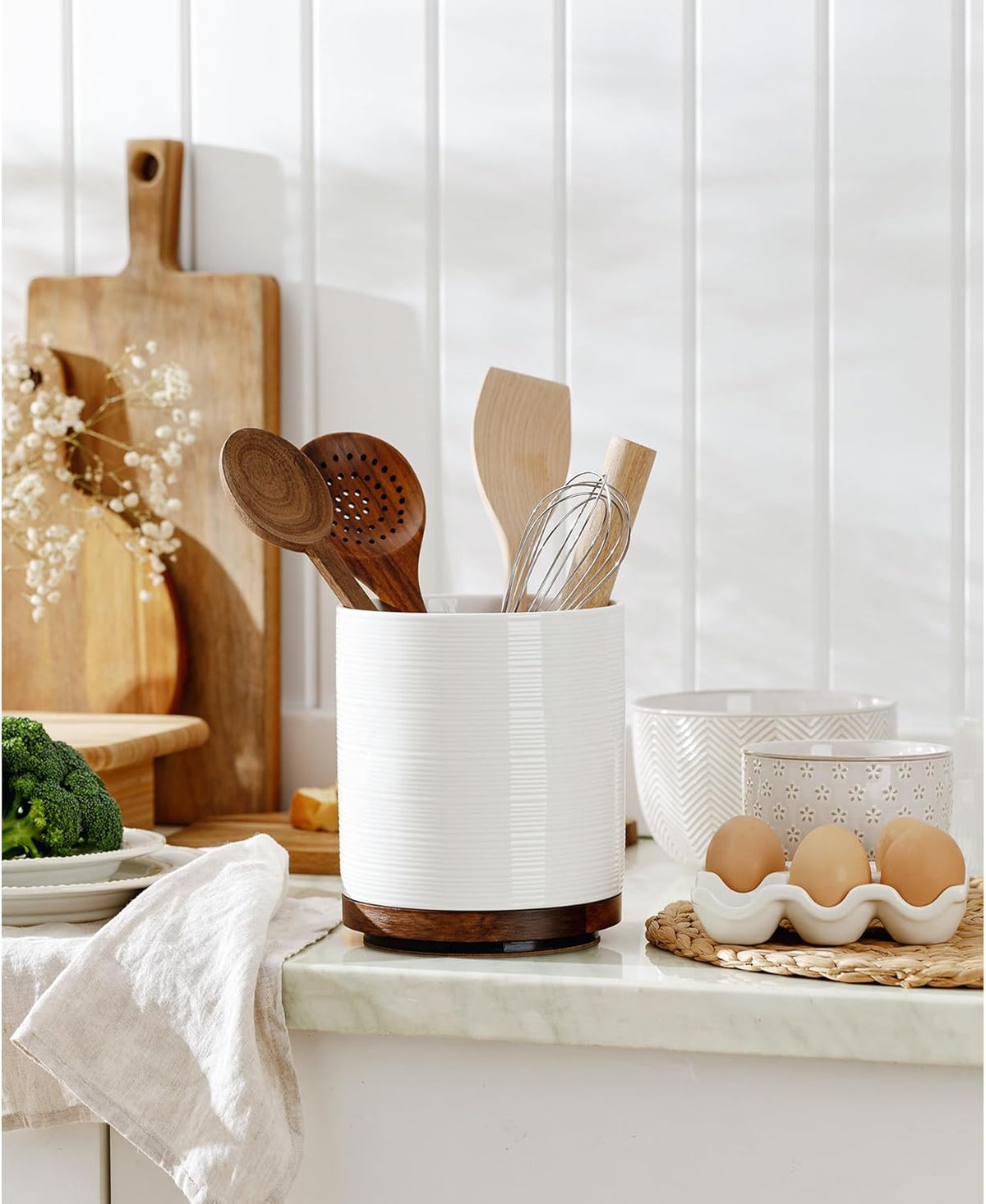 Utensil Holder, 360° Rotating Extra Large Ceramic Kitchen Utensil Holder for Countertop, 7.3“ Cooking Utensil Crocks for Kitchen Counter with Rotatable Wooden Base, Farmhouse Decor, Arctic White