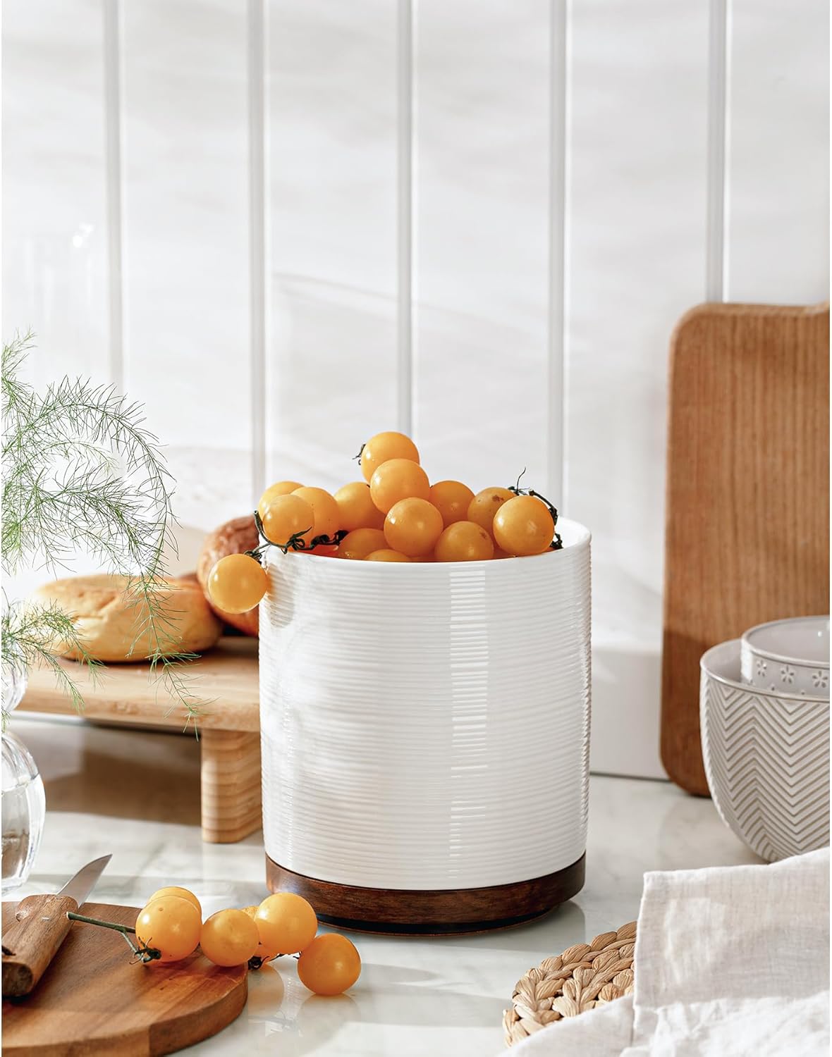 Utensil Holder, 360° Rotating Extra Large Ceramic Kitchen Utensil Holder for Countertop, 7.3“ Cooking Utensil Crocks for Kitchen Counter with Rotatable Wooden Base, Farmhouse Decor, Arctic White