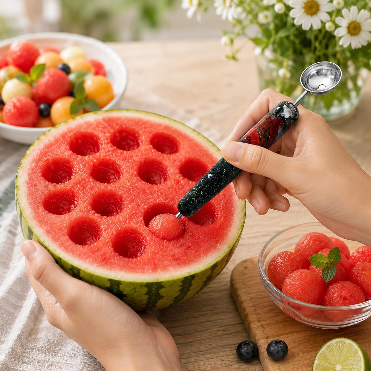 Melon Baller, 2 in 1 Stainless Steel Scoop for Fruits, Sorbet