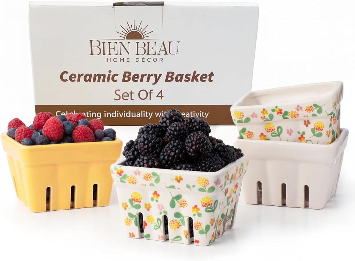 Ceramic Berry Basket Set of 4, Farmhouse Fruit Colanders | Yellow, white and floral designs, stoneware, dishwasher safe, drains and stores berries, farmhouse kitchen decor
