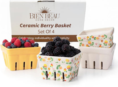 Ceramic Berry Basket Set of 4, Farmhouse Fruit Colanders | Yellow, white and floral designs, stoneware, dishwasher safe, drains and stores berries, farmhouse kitchen decor