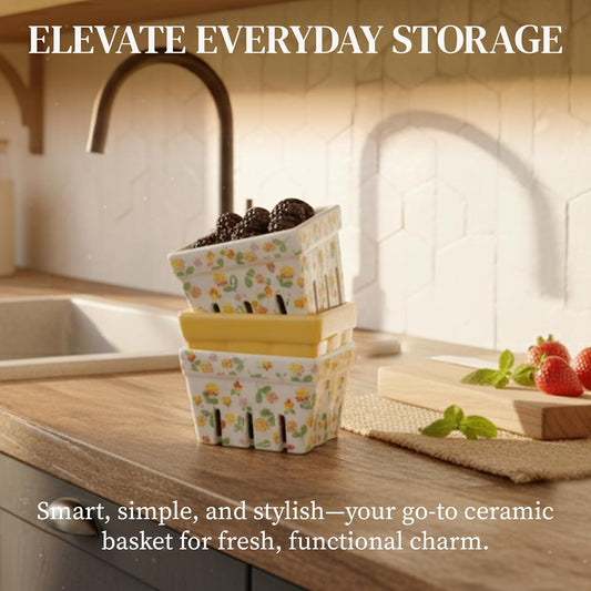 Ceramic Berry Basket Set of 4, Farmhouse Fruit Colanders | Yellow, white and floral designs, stoneware, dishwasher safe, drains and stores berries, farmhouse kitchen decor