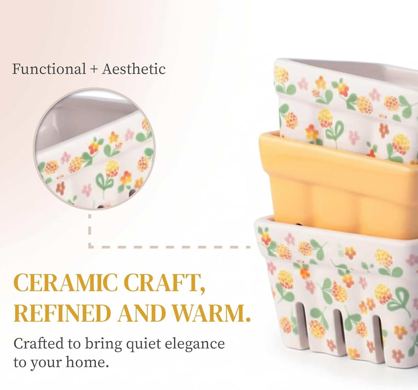 Ceramic Berry Basket Set of 4, Farmhouse Fruit Colanders | Yellow, white and floral designs, stoneware, dishwasher safe, drains and stores berries, farmhouse kitchen decor