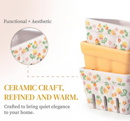 Ceramic Berry Basket Set of 4, Farmhouse Fruit Colanders | Yellow, white and floral designs, stoneware, dishwasher safe, drains and stores berries, farmhouse kitchen decor