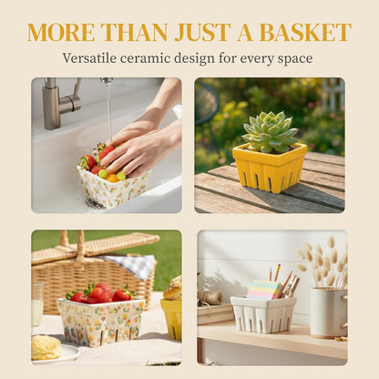 Ceramic Berry Basket Set of 4, Farmhouse Fruit Colanders | Yellow, white and floral designs, stoneware, dishwasher safe, drains and stores berries, farmhouse kitchen decor