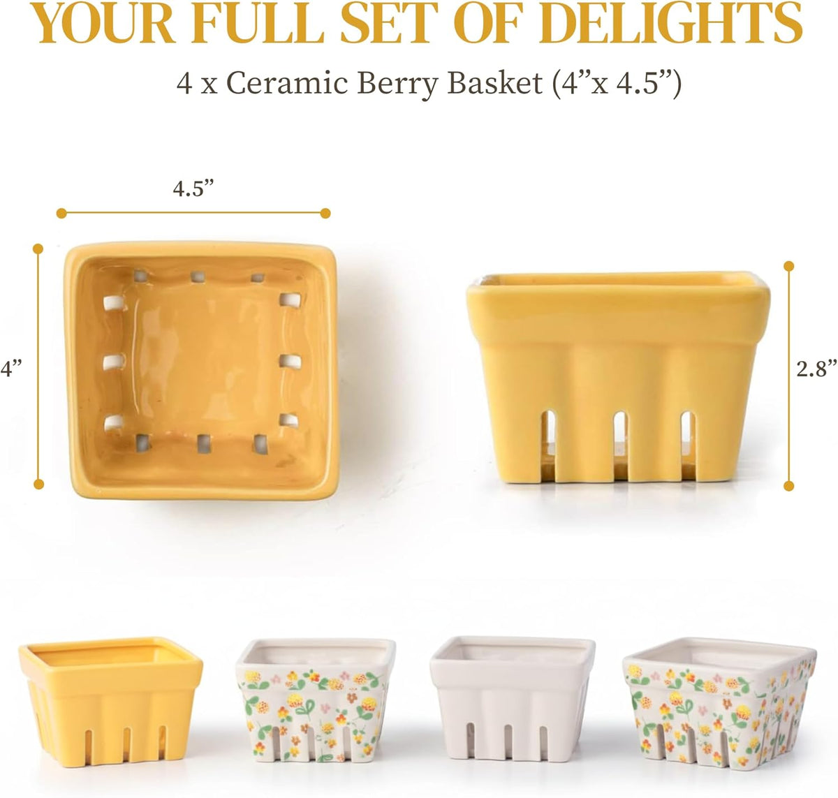 Ceramic Berry Basket Set of 4, Farmhouse Fruit Colanders | Yellow, white and floral designs, stoneware, dishwasher safe, drains and stores berries, farmhouse kitchen decor