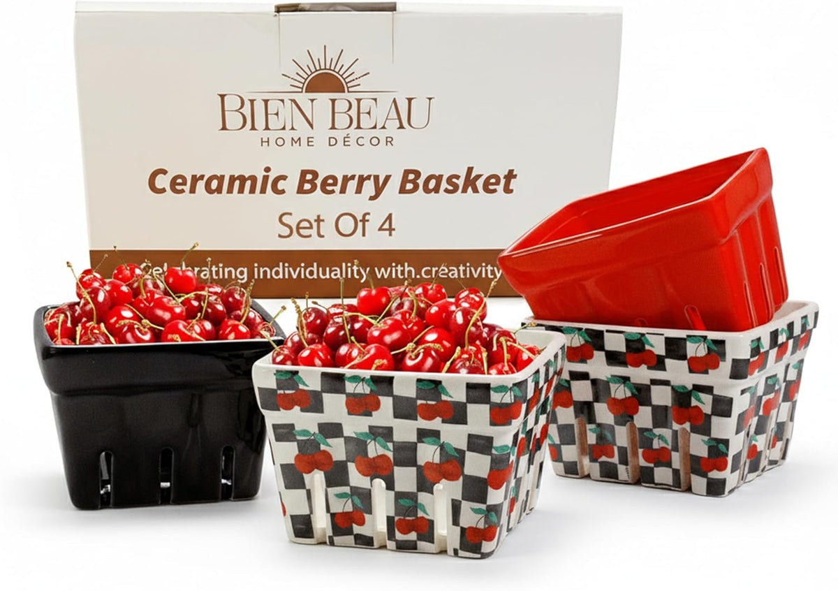 Ceramic Berry Basket Set of 4, Farmhouse Fruit Colanders | Yellow, white and floral designs, stoneware, dishwasher safe, drains and stores berries, farmhouse kitchen decor