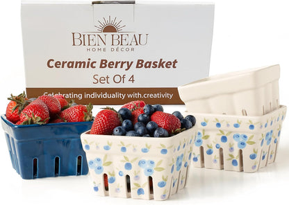 Ceramic Berry Basket Set of 4, Farmhouse Fruit Colanders | Yellow, white and floral designs, stoneware, dishwasher safe, drains and stores berries, farmhouse kitchen decor
