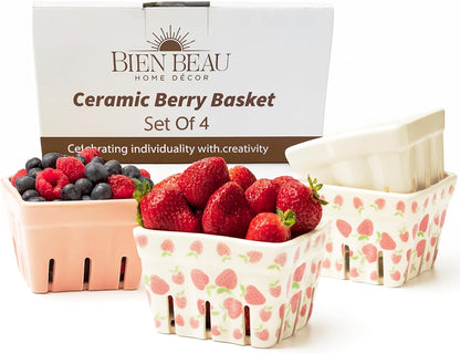 Ceramic Berry Basket Set of 4, Farmhouse Fruit Colanders | Yellow, white and floral designs, stoneware, dishwasher safe, drains and stores berries, farmhouse kitchen decor