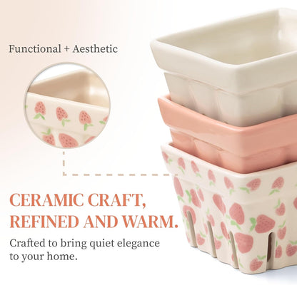 Ceramic Berry Basket Set of 4, Farmhouse Fruit Colanders | Yellow, white and floral designs, stoneware, dishwasher safe, drains and stores berries, farmhouse kitchen decor