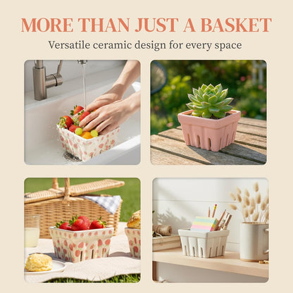 Ceramic Berry Basket Set of 4, Farmhouse Fruit Colanders | Yellow, white and floral designs, stoneware, dishwasher safe, drains and stores berries, farmhouse kitchen decor