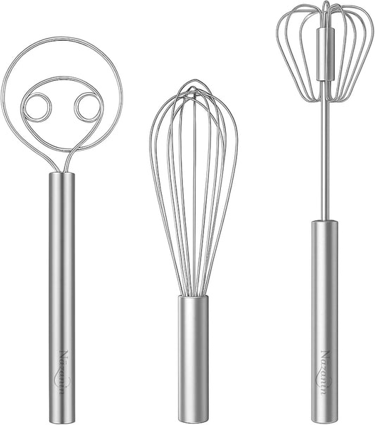 3-Piece Premium Whisk Set - 304 Stainless Steel Danish Dough Whisk, Semi-Automatic Push Egg Beater, & Balloon Whisk - Professional Battery-Free Baking Tools & Bread Making Gift Set
