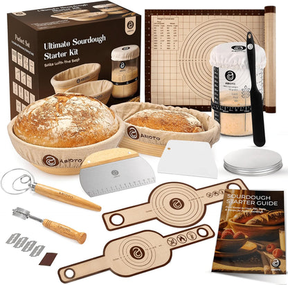 Sourdough Bread Baking Kit - with 10" Round & 11" Oval Rattan Banneton Proofing Baskets, Liners, Bread Lame, Danish Whisk & Scrapers for Home Bakers