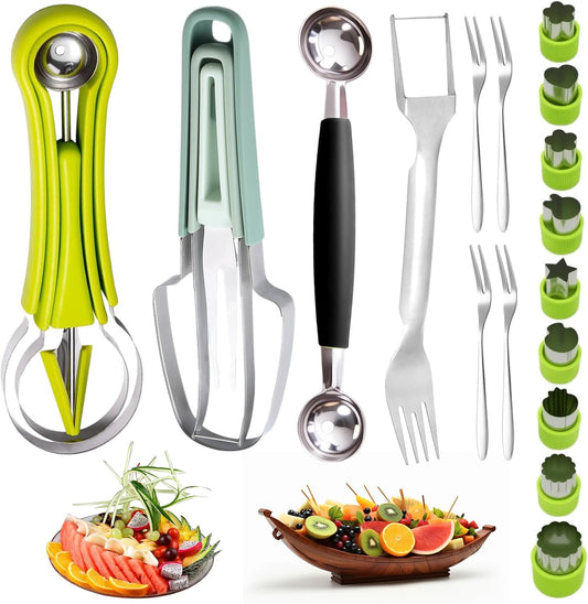 21-Piece Stainless Steel Vegetable Fruit Cutters Shaper Kit | Watermelon Cutter Slicer, Melon Baller Scoop, Fork Cutter Tool Kit, Fruit Scooper Seed Remover for Melon, Pineapple, Mango