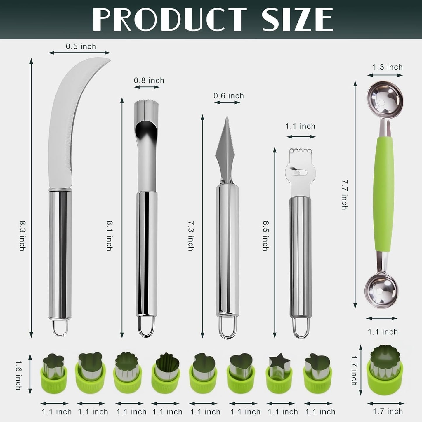 21-Piece Stainless Steel Vegetable Fruit Cutters Shaper Kit | Watermelon Cutter Slicer, Melon Baller Scoop, Fork Cutter Tool Kit, Fruit Scooper Seed Remover for Melon, Pineapple, Mango