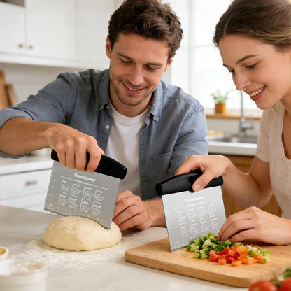 2 Pack Bench Scraper Dough Cutter, Stainless Steel Dough Scraper with Laser-Etched Scale, Conversion Chart, Non-Slip Handle, Dishwasher Safe for Bread & Pastry, Black