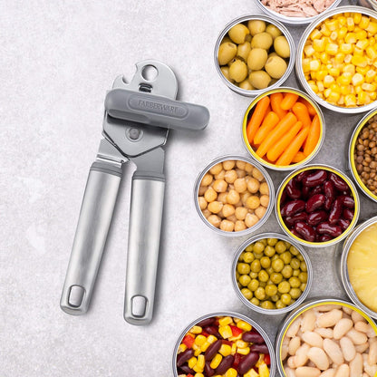 Pro Stainless Steel Manual Can Opener with Soft Ergonomic Handles and Integrated Bottle Opener, Dishwasher Safe, Contemporary Gray, 7.25 Inches