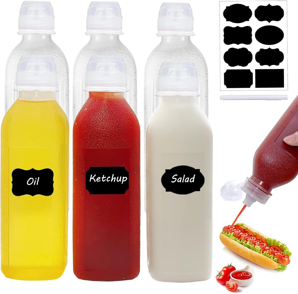 Condiment Squeeze Bottles,6 Pack Squeeze Bottles for Sauces, Ketchup Salad Dressing Container, 17oz Plastic Bottles with Squeeze Top for Liquids, BBQ Sauce, Oil