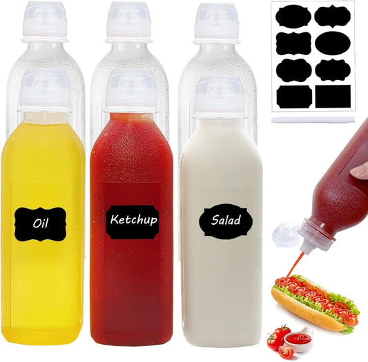 Condiment Squeeze Bottles,6 Pack Squeeze Bottles for Sauces, Ketchup Salad Dressing Container, 17oz Plastic Bottles with Squeeze Top for Liquids, BBQ Sauce, Oil