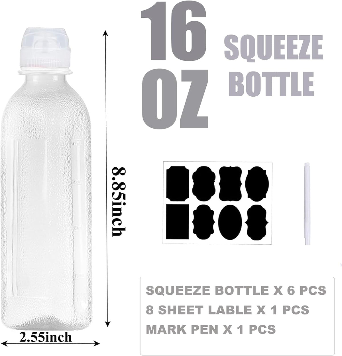 Condiment Squeeze Bottles,6 Pack Squeeze Bottles for Sauces, Ketchup Salad Dressing Container, 17oz Plastic Bottles with Squeeze Top for Liquids, BBQ Sauce, Oil