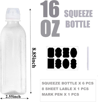 Condiment Squeeze Bottles,6 Pack Squeeze Bottles for Sauces, Ketchup Salad Dressing Container, 17oz Plastic Bottles with Squeeze Top for Liquids, BBQ Sauce, Oil