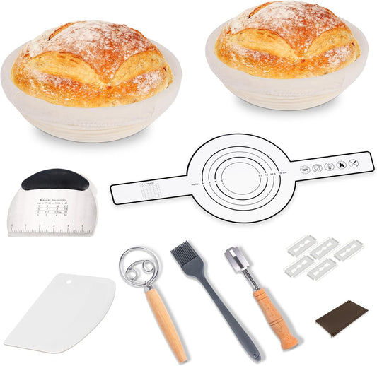 Bread Proofing Basket Kit, 9 In Round Sourdough Proofing Basket with Linen Liner, Silicone Bread Sling, Bread Lame, Danish Dough Whisk, Dough Scraper Kit, Silicone Brush & Bowl Scraper