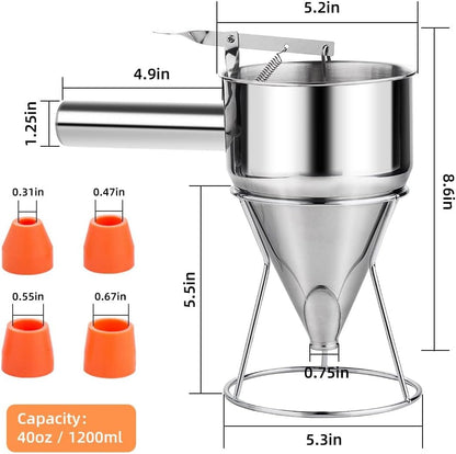 20oz Pancake Batter Dispenser, Multi-Caliber Stainless Steel Funnel Cake Dispenser with Stand Great for Pancakes, Cupcakes or Any Baked Goods