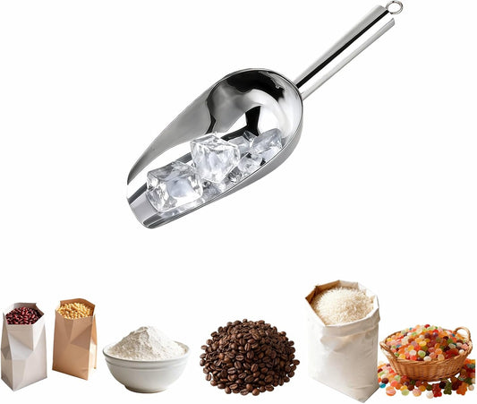 6 oz Stainless Steel Ice Scoop - Heavy Duty, Commercial Grade Kitchen & Bar Scoop for Ice Maker, Bucket, Pet Food, Coffee, Flour, Sugar, Grain - Mirror Polished, Built-in Hook