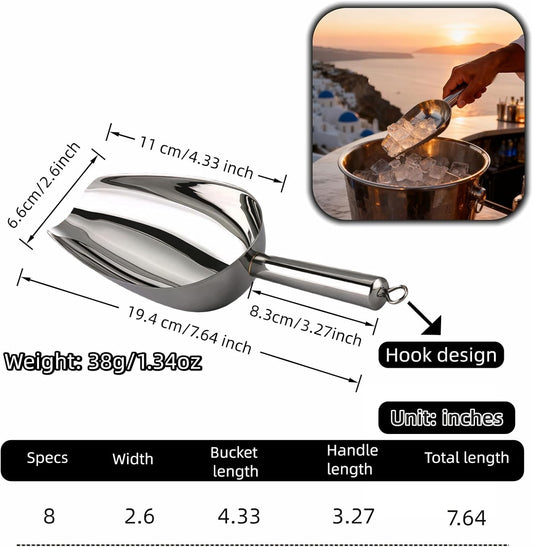 6 oz Stainless Steel Ice Scoop - Heavy Duty, Commercial Grade Kitchen & Bar Scoop for Ice Maker, Bucket, Pet Food, Coffee, Flour, Sugar, Grain - Mirror Polished, Built-in Hook