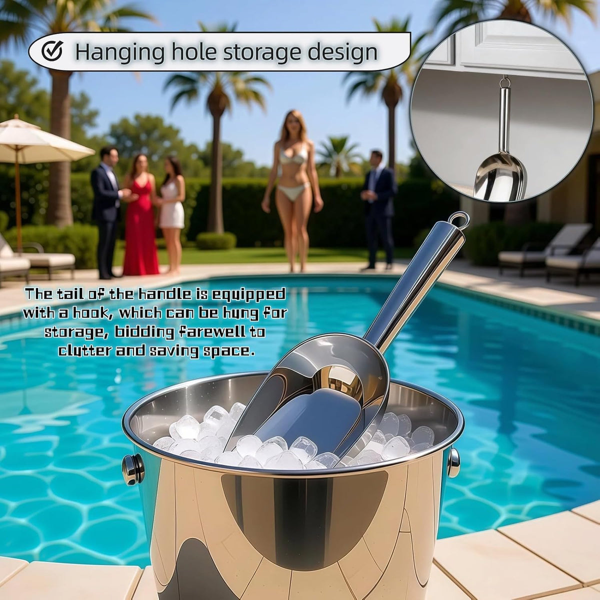 6 oz Stainless Steel Ice Scoop - Heavy Duty, Commercial Grade Kitchen & Bar Scoop for Ice Maker, Bucket, Pet Food, Coffee, Flour, Sugar, Grain - Mirror Polished, Built-in Hook