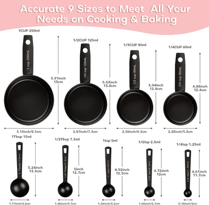 Measuring Cups and Spoons Set of 9, Stainless Steel Measuring cup for Cooking and Baking, Measuring spoons for Dry and Liquid Ingredients (Pink)