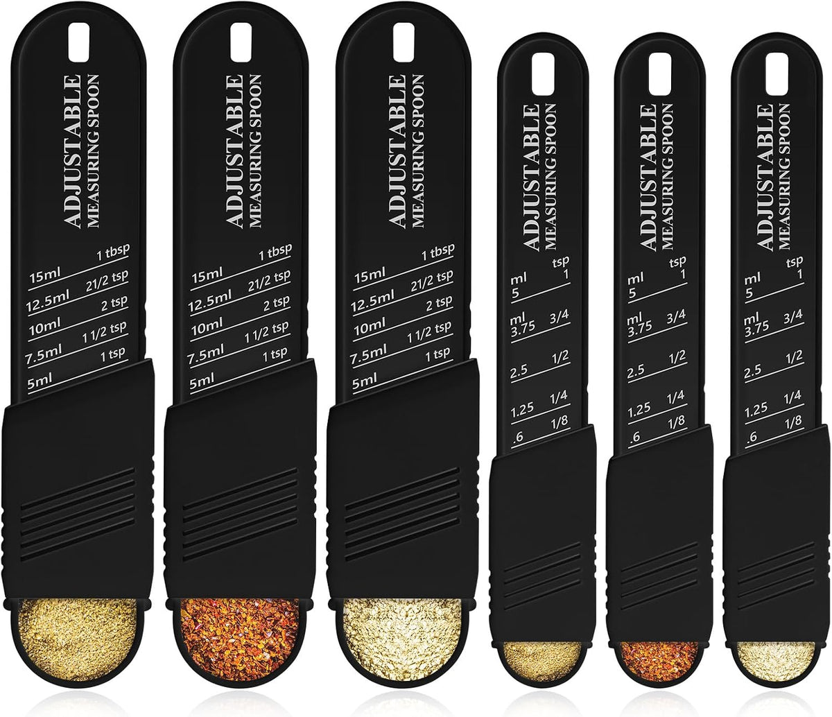 6 Pcs Adjustable Measuring Spoons, Baking Cooking, 2 Sizes, Black