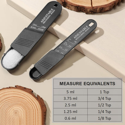 6 Pcs Adjustable Measuring Spoons, Baking Cooking, 2 Sizes, Black