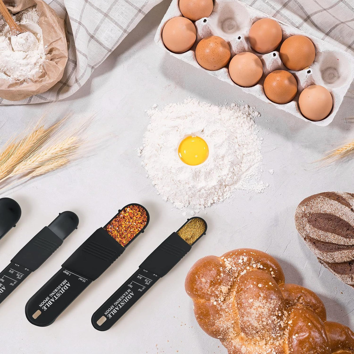 6 Pcs Adjustable Measuring Spoons, Baking Cooking, 2 Sizes, Black