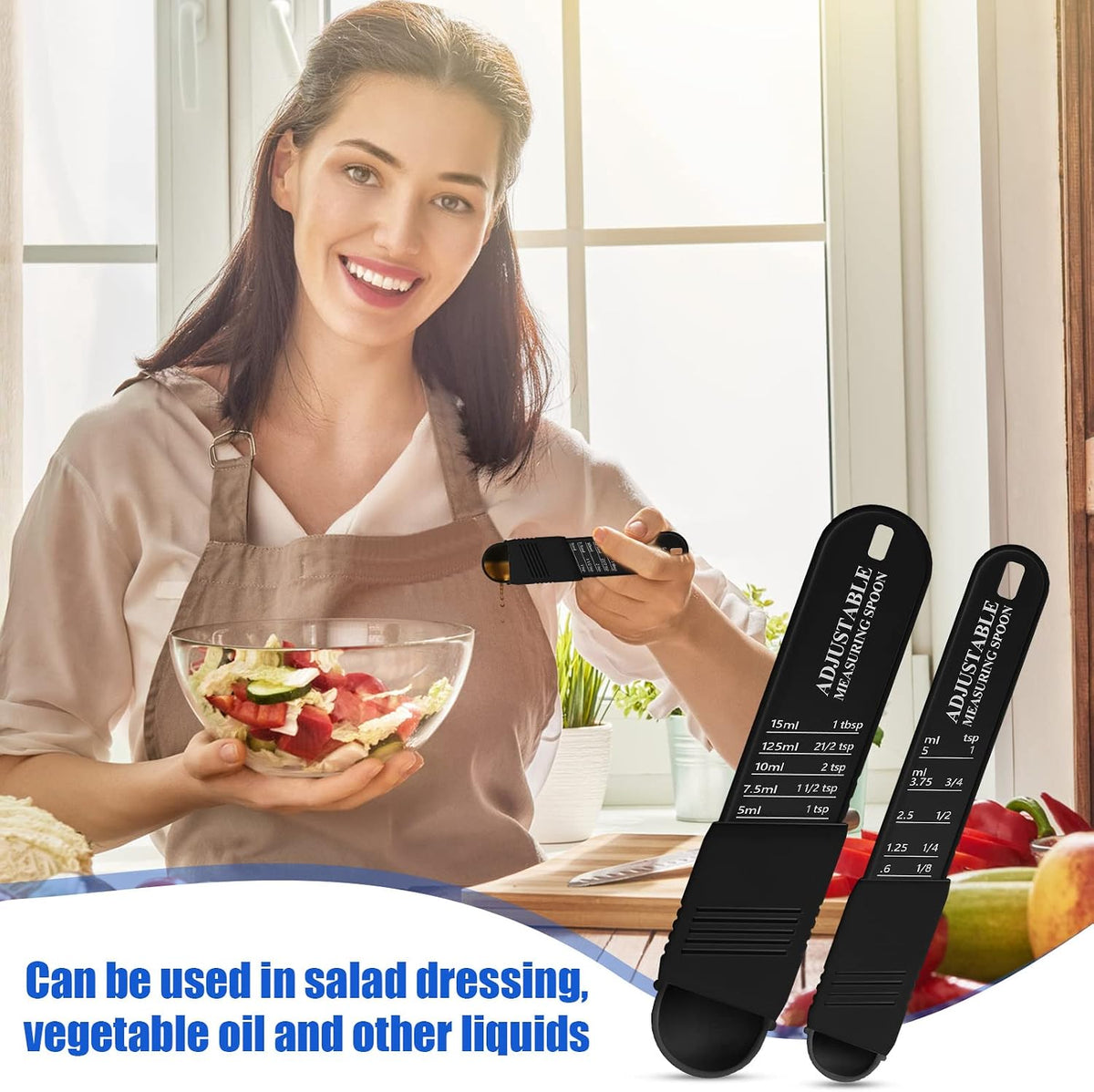 6 Pcs Adjustable Measuring Spoons, Baking Cooking, 2 Sizes, Black