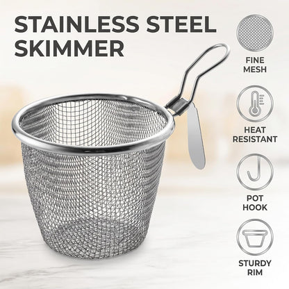 Stainless Steel Pasta Basket, Fine Mesh Strainer with Handle, Mesh Spider Food Dumpling Noodle Strainer Food Strainers (Silver)