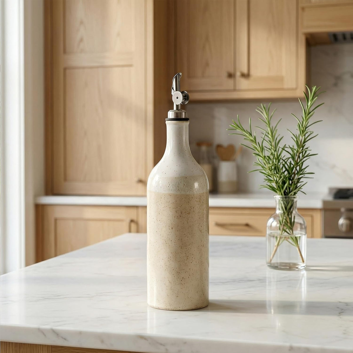 Olive Oil Dispenser Bottle for Kitchen, 23 Oz Ceramic Oil Dispenser | with Gravity Automatic Spout, for Olive Oil, Evoo, Vinegar, Soy Sauce, Coffee Syrups, Oil (Brown White)