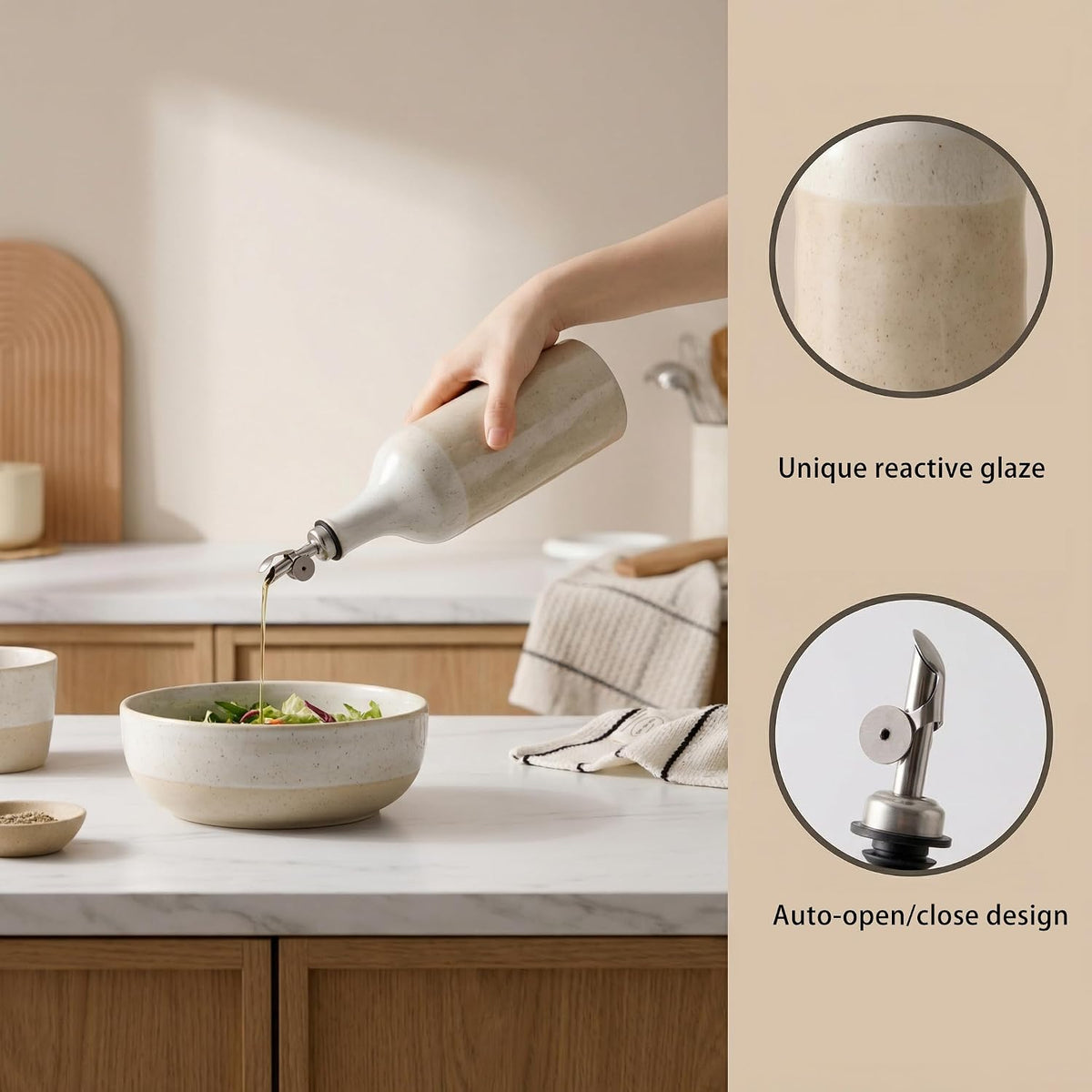 Olive Oil Dispenser Bottle for Kitchen, 23 Oz Ceramic Oil Dispenser | with Gravity Automatic Spout, for Olive Oil, Evoo, Vinegar, Soy Sauce, Coffee Syrups, Oil (Brown White)