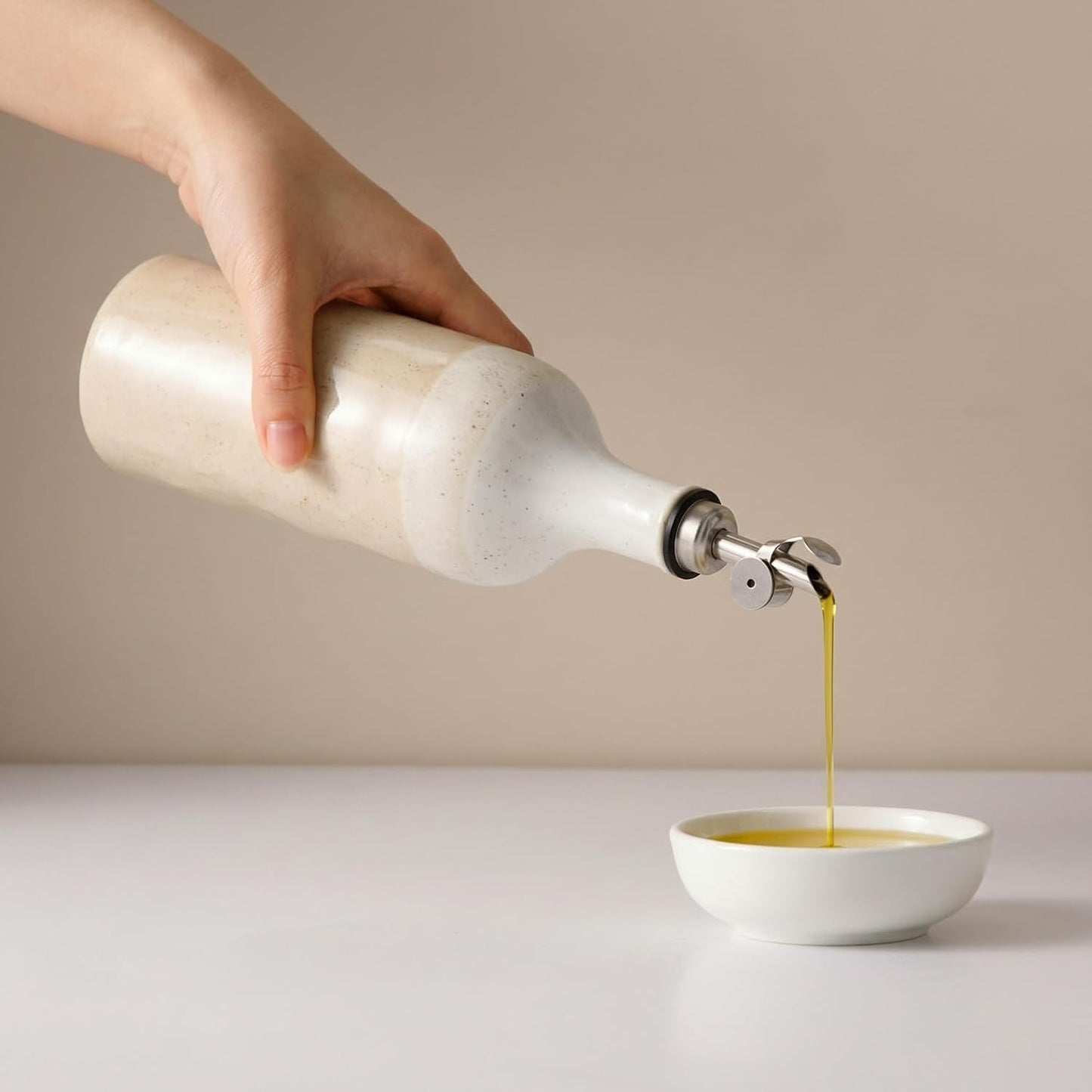Olive Oil Dispenser Bottle for Kitchen, 23 Oz Ceramic Oil Dispenser | with Gravity Automatic Spout, for Olive Oil, Evoo, Vinegar, Soy Sauce, Coffee Syrups, Oil (Brown White)