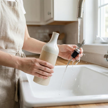 Olive Oil Dispenser Bottle for Kitchen, 23 Oz Ceramic Oil Dispenser | with Gravity Automatic Spout, for Olive Oil, Evoo, Vinegar, Soy Sauce, Coffee Syrups, Oil (Brown White)