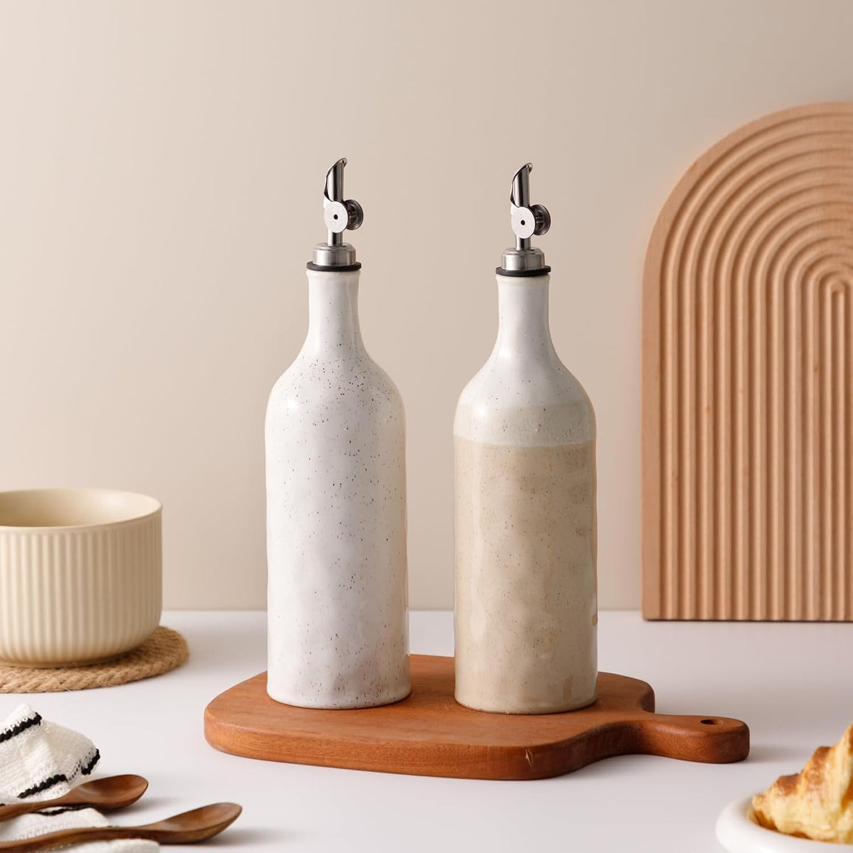 Olive Oil Dispenser Bottle for Kitchen, 23 Oz Ceramic Oil Dispenser | with Gravity Automatic Spout, for Olive Oil, Evoo, Vinegar, Soy Sauce, Coffee Syrups, Oil (Brown White)