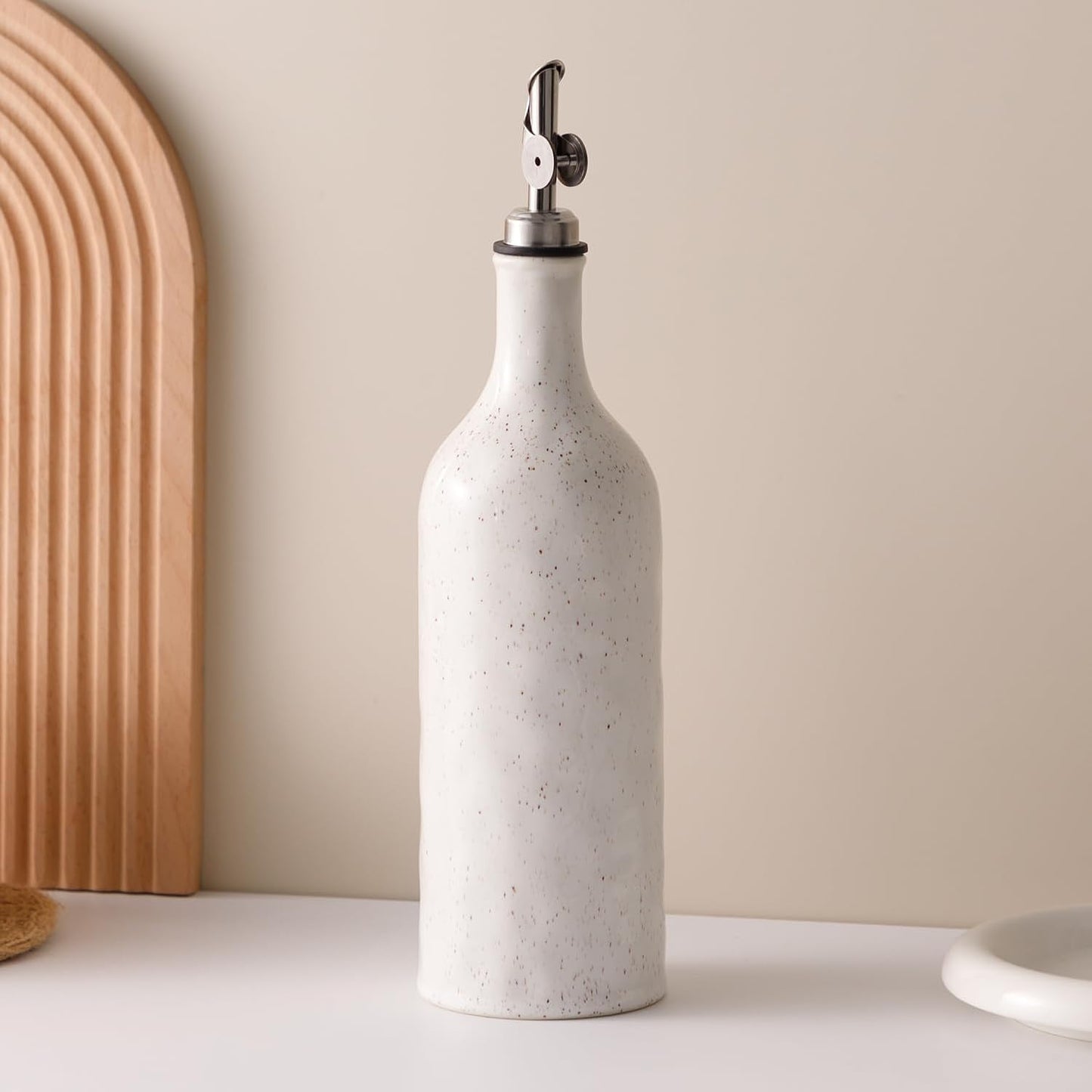 Olive Oil Dispenser Bottle for Kitchen, 23 Oz Ceramic Oil Dispenser | with Gravity Automatic Spout, for Olive Oil, Evoo, Vinegar, Soy Sauce, Coffee Syrups, Oil (Brown White)