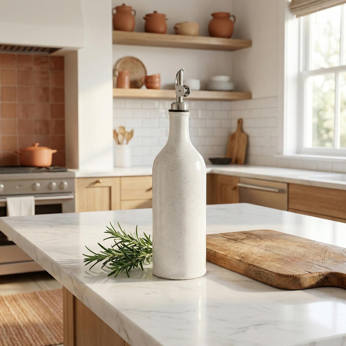 Olive Oil Dispenser Bottle for Kitchen, 23 Oz Ceramic Oil Dispenser | with Gravity Automatic Spout, for Olive Oil, Evoo, Vinegar, Soy Sauce, Coffee Syrups, Oil (Brown White)