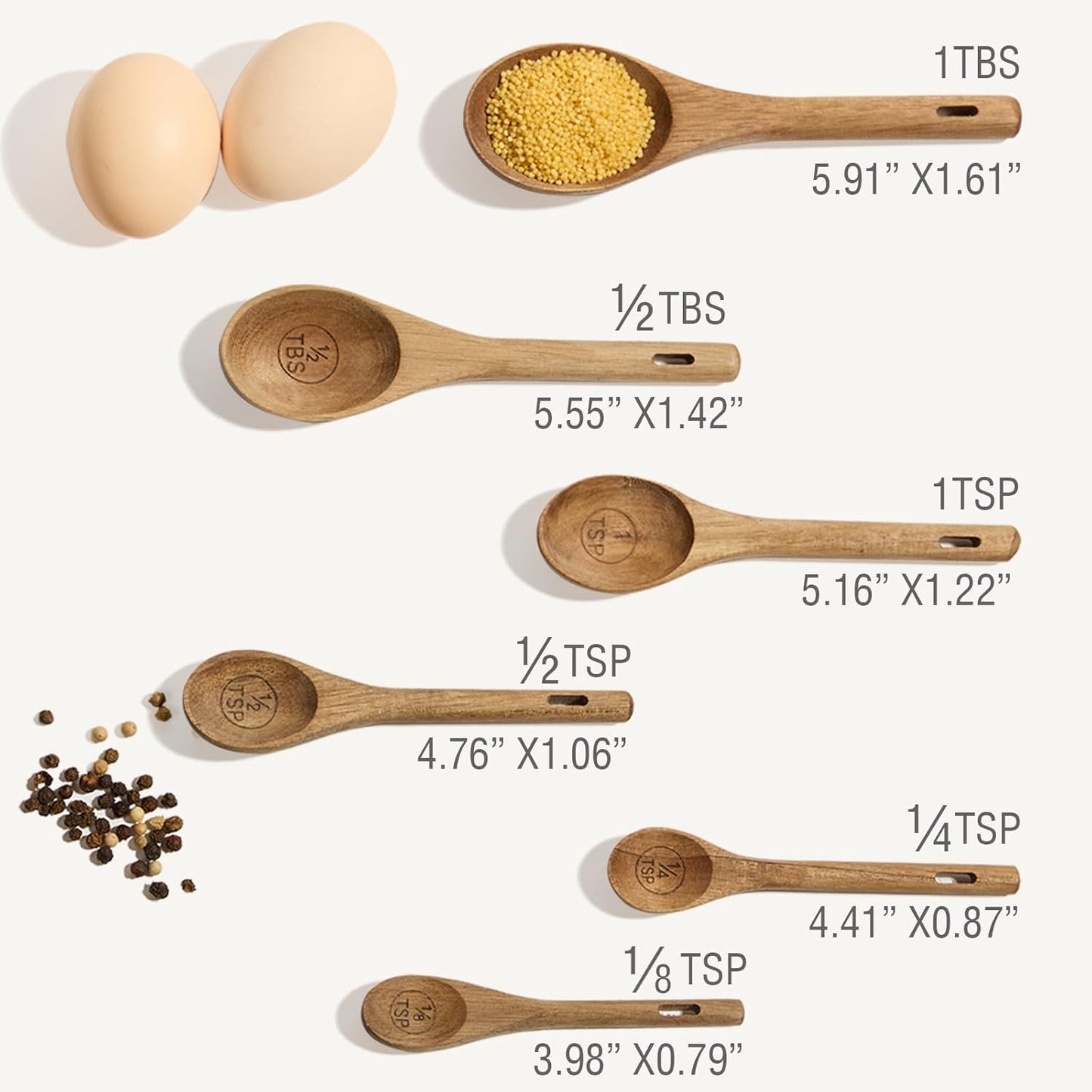6pcs Measuring Spoons Set, Natural Acacia Wood, Tablespoon Teaspoon | 1/8 tsp, 1/4 tsp, 1/2 tsp, 1 tsp, 1/2 tbsp & 1 tbsp, Rustic Measuring Spoons, Measuring Dry Ingredients