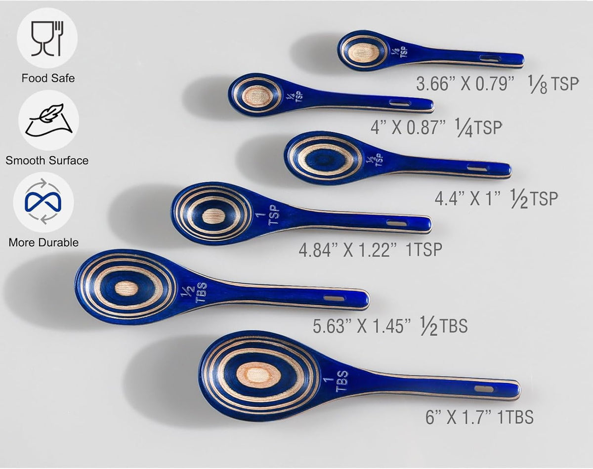 6pcs Measuring Spoons Set, Natural Acacia Wood, Tablespoon Teaspoon | 1/8 tsp, 1/4 tsp, 1/2 tsp, 1 tsp, 1/2 tbsp & 1 tbsp, Rustic Measuring Spoons, Measuring Dry Ingredients
