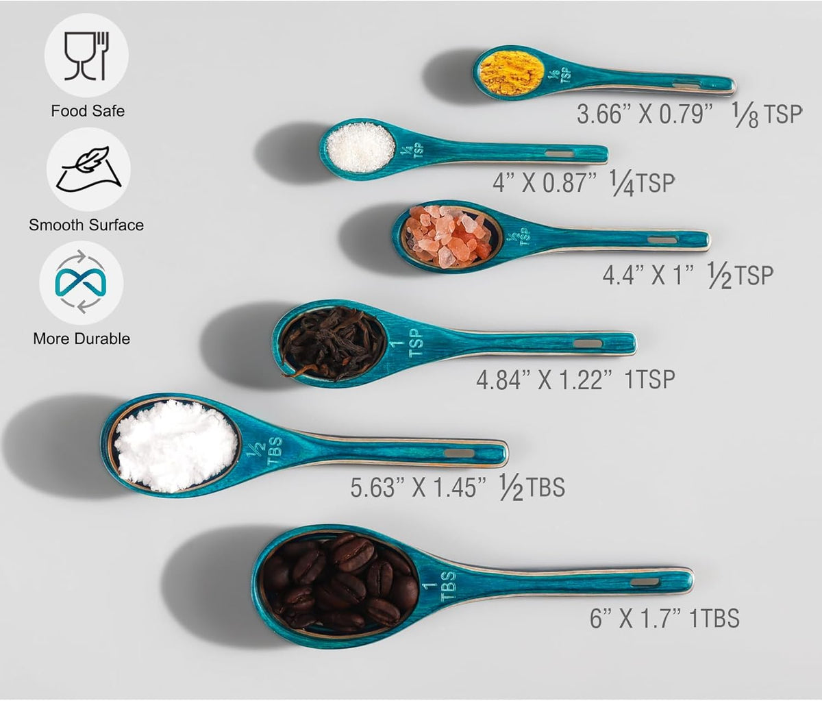 6pcs Measuring Spoons Set, Natural Acacia Wood, Tablespoon Teaspoon | 1/8 tsp, 1/4 tsp, 1/2 tsp, 1 tsp, 1/2 tbsp & 1 tbsp, Rustic Measuring Spoons, Measuring Dry Ingredients