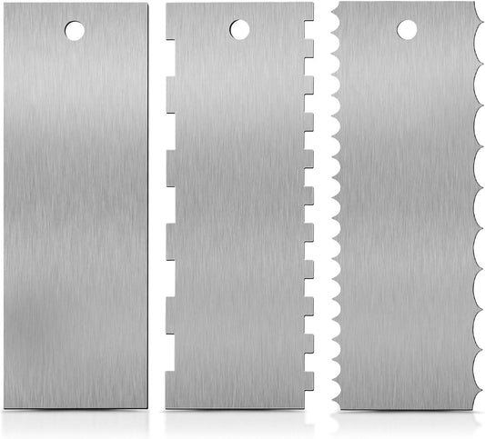 3 Pcs 9 Inch Stainless Steel Cream Cake Scraper Smoother Comb with Double Sides for Decorating Icing Mousse Butter