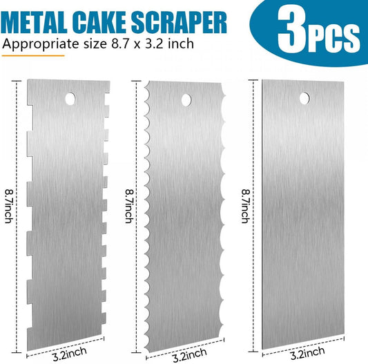 3 Pcs 9 Inch Stainless Steel Cream Cake Scraper Smoother Comb with Double Sides for Decorating Icing Mousse Butter