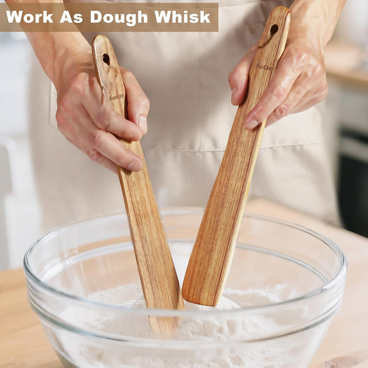 2 Pack Wooden Spurtle for Sourdough Starter, Mixing, Reaching Bottom of Jar, Dough Whisk, Long Handle Jar Spatula, Spurtles Kitchen Tools Teak Wood Kitchen Utensils kit for Baking, Cooking